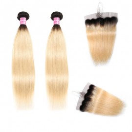 Incolorwig Brazilian Straight Hair #T1B613 Ombre Blonde Color Combination 2 Bundles With 13*4 Free Part Lace Frontal