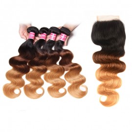 Incolorwig Peruvian 4 Bundles Hair With 4*4 Free Part Lace Closure New Arrival #T1B427 Ombre Color Body Wave Hair Combinaiton