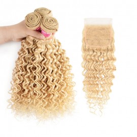 Incolorwig High Quality Indian Human Hair #613 Blonde Deep Wave 3 Bundles Hair Weaving With 4*4 Lace Closure