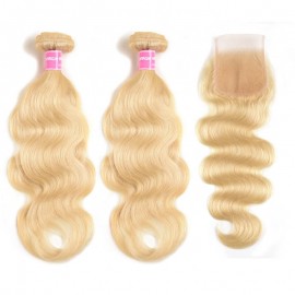 Incolorwig #613 Blonde Body Wave Hair Brazilian 2 Bundles With 4*4 Free Part Lace Closure