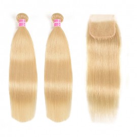 Incolorwig Brazilian #613 Blonde Human Straight Hair 2 Bundles With 4*4 Free Part Lace Closure