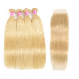 Incolorwig Indian Human Hair Super Thick Combinaiton 4 Bundles Straight Hair #613 Blonde With 4*4 Free Part Lace Closure