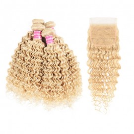 Incolorwig Malaysian Human Hair #613 Blonde Deep Wave 4 Bundles Hair With 4*4 Lace Closure Free Part For Women