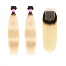 Incolorwig Brazilian Straight Hair #T1B613 Ombre Blonde Hair 2 Bundles With 4*4 Free Part Lace Closure Combination