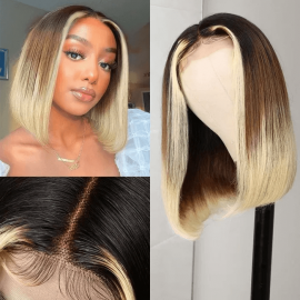Incolorwig #T1B/4/613 Ombre Bob Wigs With Babyhair 4*0.75 T Part Straight Bob Lace Wigs 150% Density