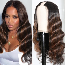 Incolorwig Ombre Wig 150% Density U Part Wig Body Wave Human Hair Wigs Black Hair With Brown Highlights