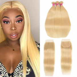 Incolorwig Peruvian Human Hair #613 Blonde Straight Human Hair 3 Bundles With 4*4 Lace Closure