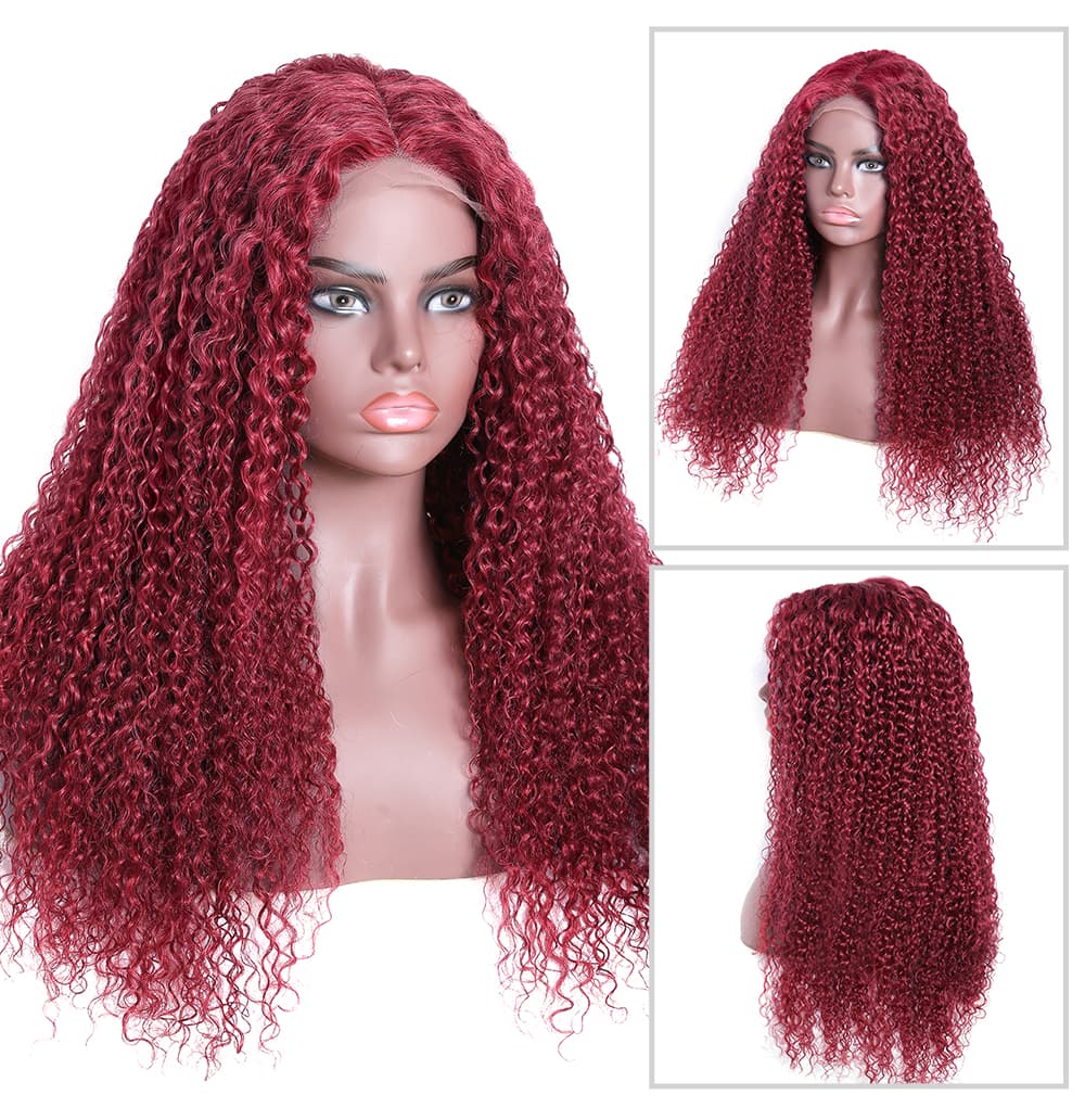 Incolorwig 100% Human Curly Hair Wigs 150% Density Burgundy Hairline ...