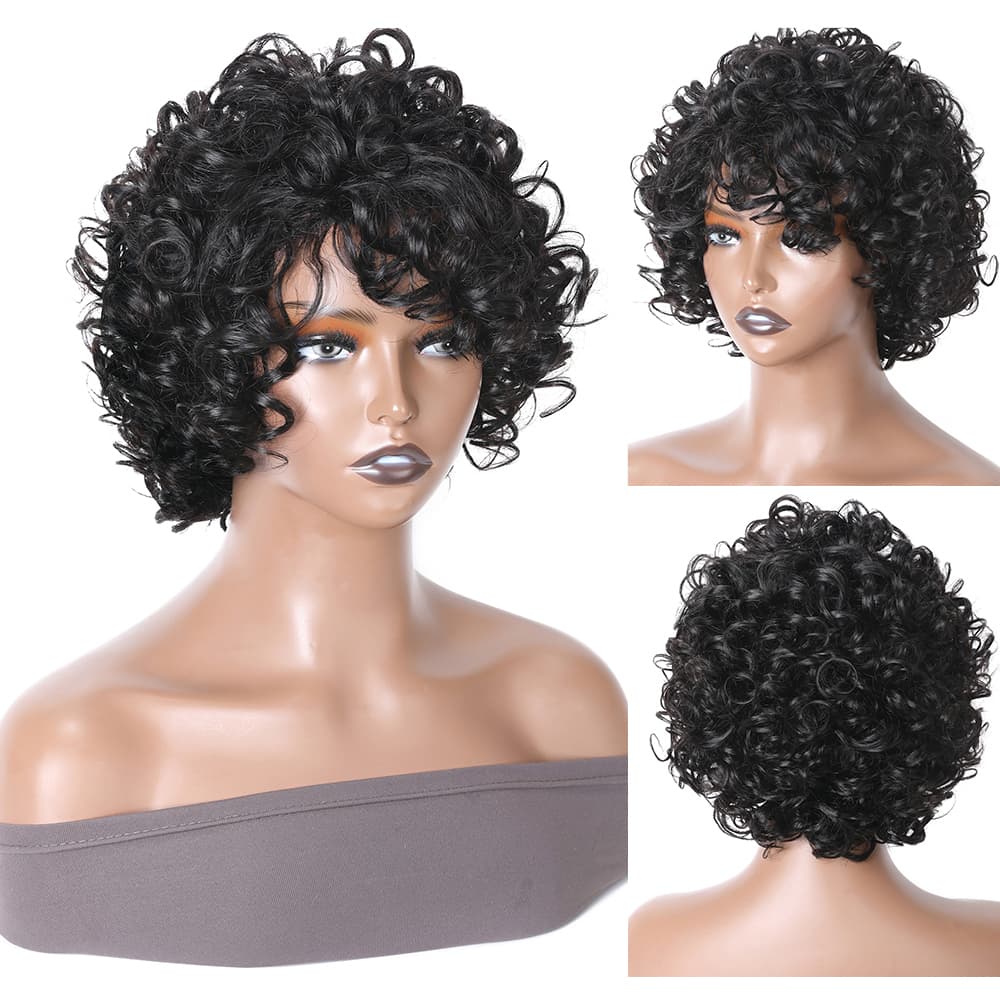 Incolorwig Glueless Short Pix Cut Wigs Bouncy Curl Natural Black With